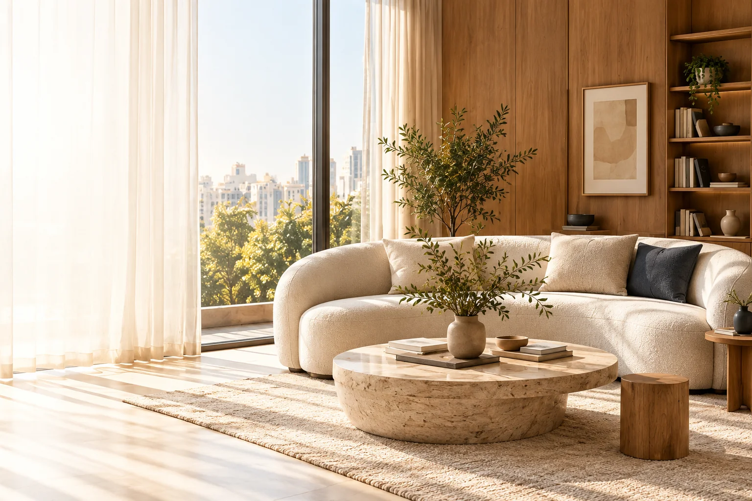 Room inspiration: a curved ivory sofa and travertine table in a sunlit oak-panelled living room
