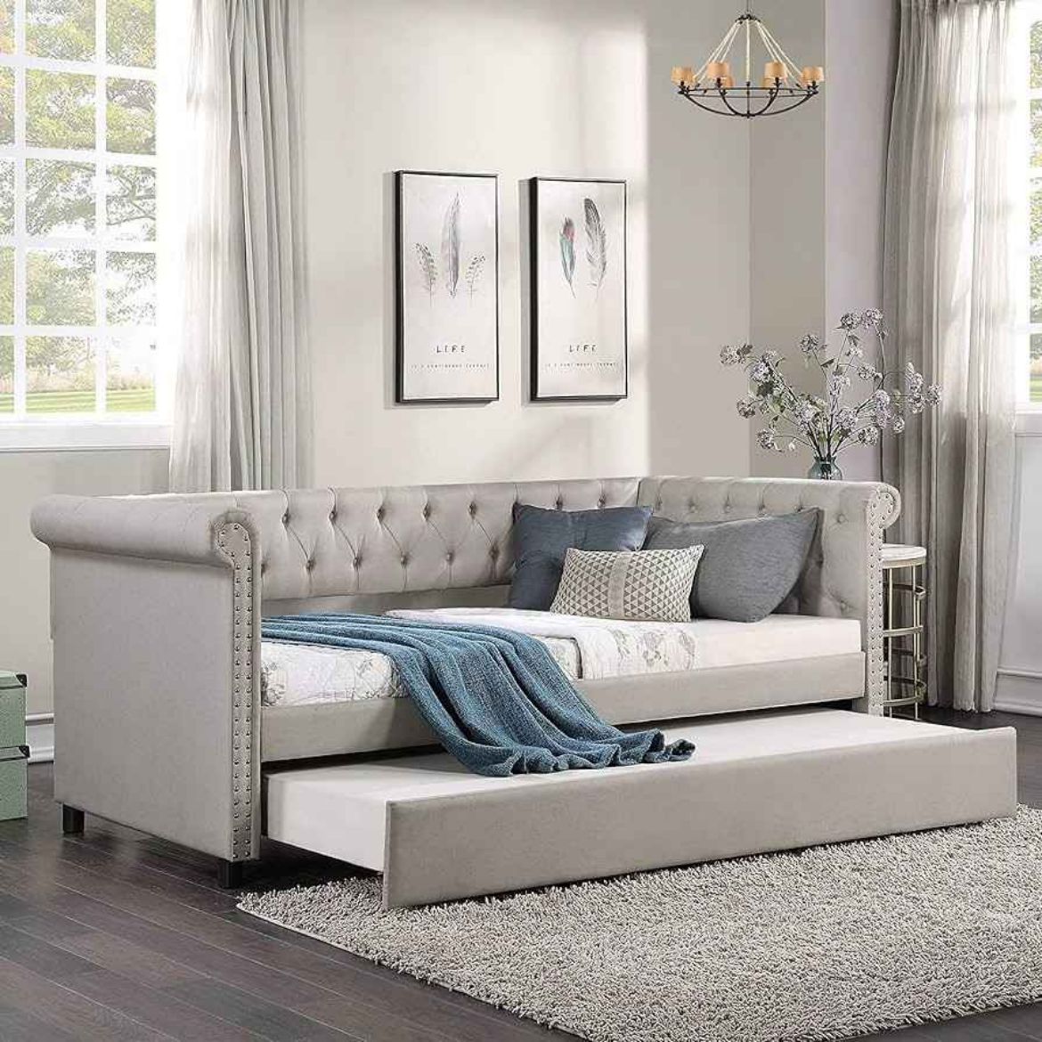 Picture of Elegant Twin Daybed & Sofa Cum Bed with Pull-Out Trundle - Linen Fabric & Nailhead Trim