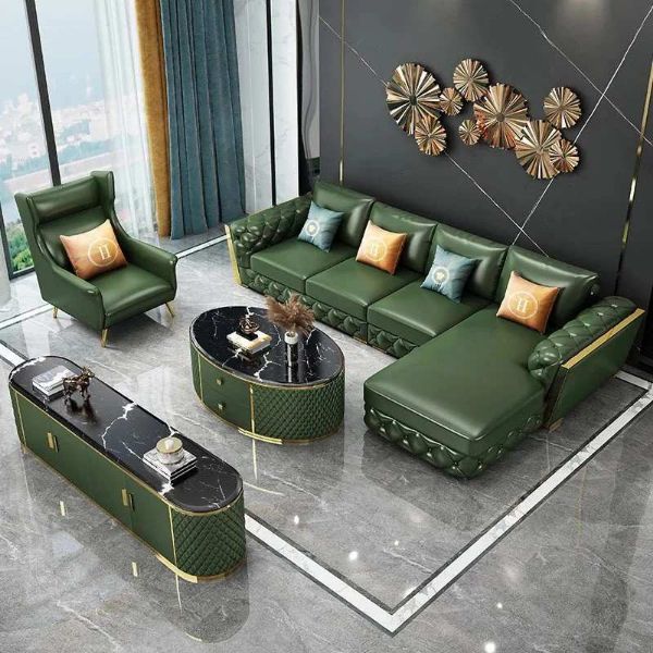 Show details for Modern Luxury 5 Seater L-Shaped Sofa: Soft Leather Sectional, Wing chair and a center table for Living Room Furniture - A&OLS19 Modern Luxury 5 Seater L-Shaped Sofa: Soft Leather Sectional