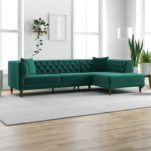 Show details for L-Shaped Mid-Century Modern Sectional with Right Chaise | Green Stain-Resistant Velvet - A&OLS40 Picture of L-Shaped Mid-Century Modern Sectional with Right Chaise | Green Stain-Resistant Velvet - A&OLS40