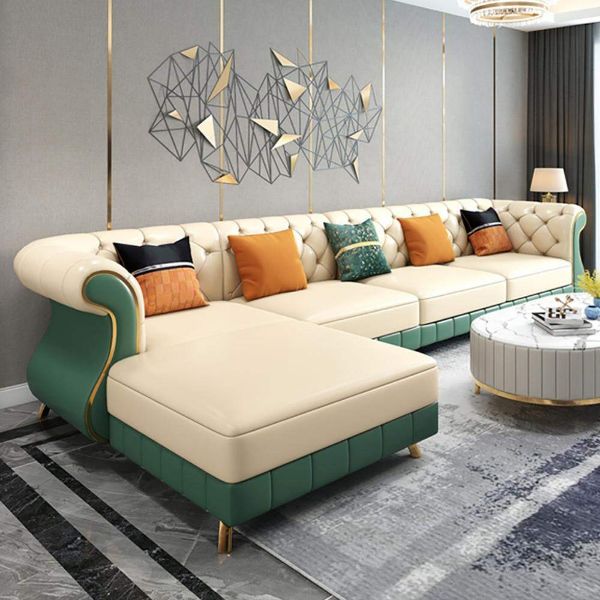 Show details for Spacious 126" Beige & Green Faux Leather Sectional Sofa | Right Chaise L-Shaped Couch for Living Room - A&OLS14 Beige & Green Faux Leather Sectional Sofa L-Shaped