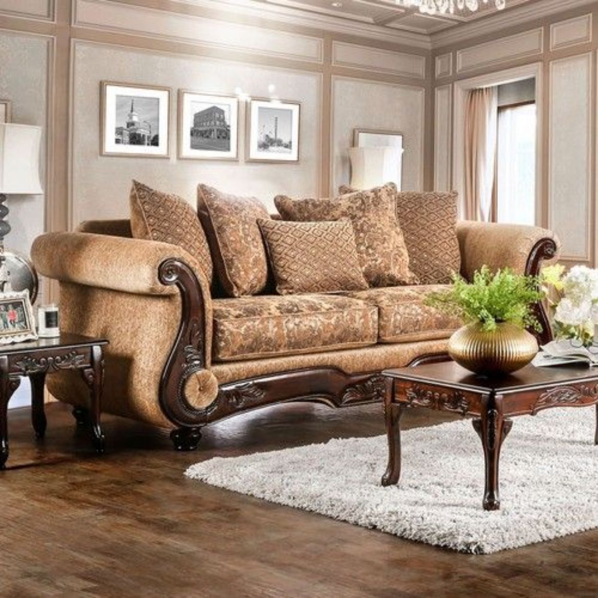 Picture of Traditional Tan and Gold Sofa: Elegant Living Room Furniture with Ornate Wood Trim, Rolled Arms, and Plush Chenille Upholstery for Formal Settings