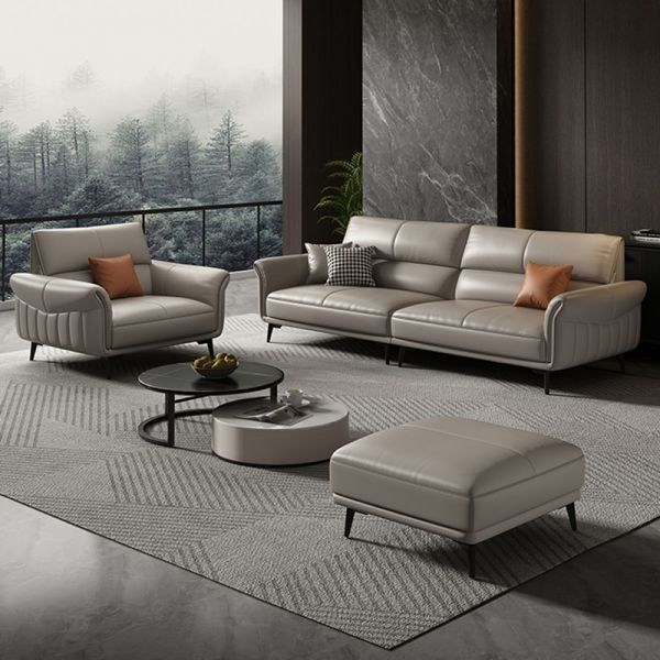 Show details for Genuine Leather Flared Arm Sofa: Mid-Century Modern Gray Design with 37.4" Height, Ideal for Stylish Living Rooms and Retro-Inspired Spaces Genuine Leather Flared Arm Sofa: Mid-Century Modern Gray Design