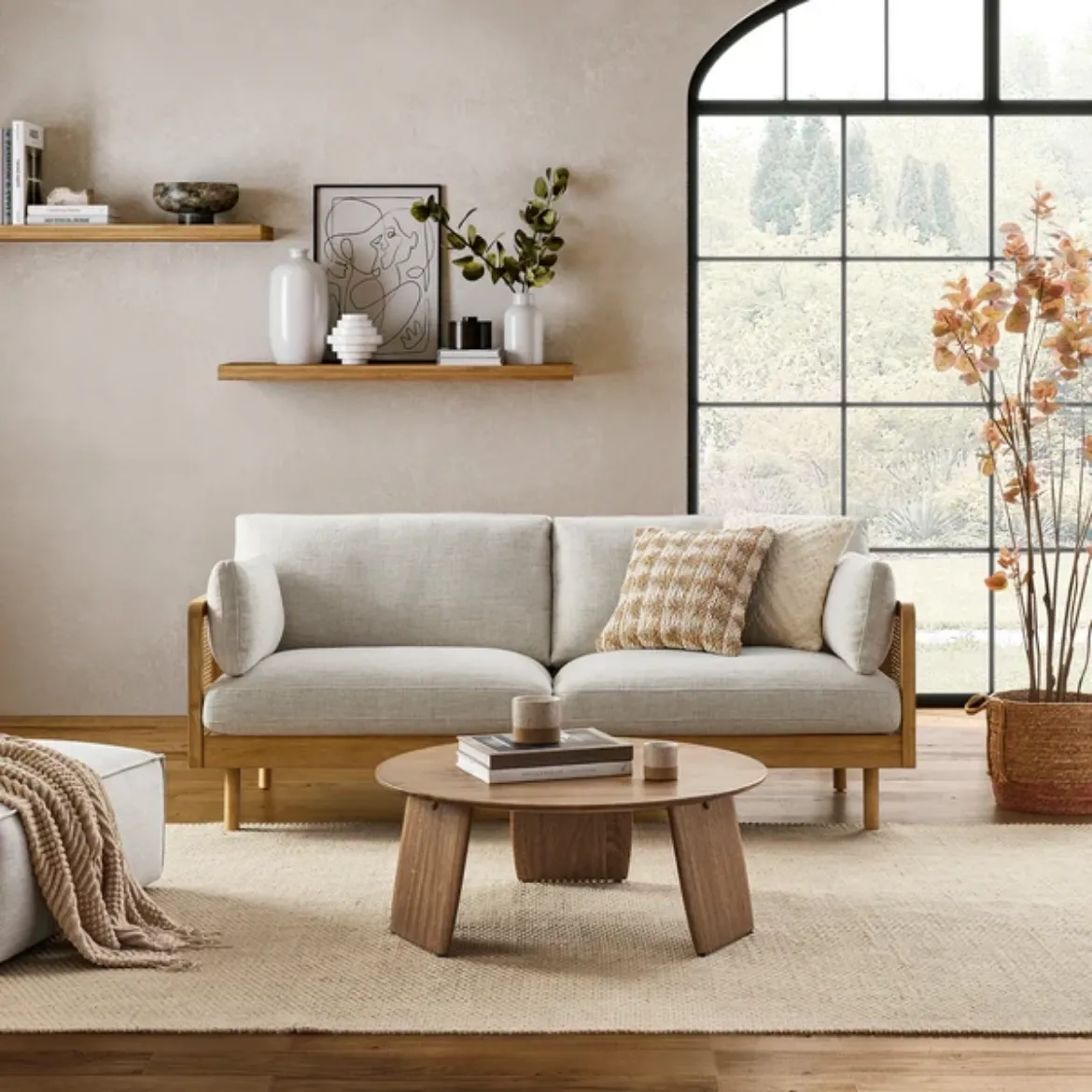Picture of Modern Rattan Sofa: 200cm Wide, Natural Cane Accents, Polyester-Linen Upholstery, Rubber Wood Frame, Sleek Design for Contemporary Comfort