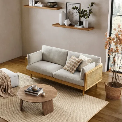 Picture of Modern Rattan Sofa: 200cm Wide, Natural Cane Accents, Polyester-Linen Upholstery, Rubber Wood Frame, Sleek Design for Contemporary Comfort