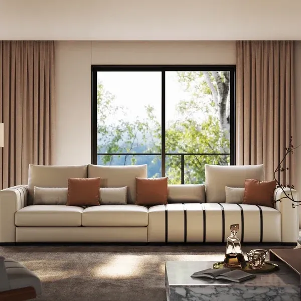 Show details for Elegant Faux Leather Sofa: Clean Lines, Modern Comfort, Neutral Tones, Blending Japanese & Scandinavian Minimalism Elegant Faux Leather Sofa: Clean Lines, Modern Comfort, Neutral Tones, Blending Japanese