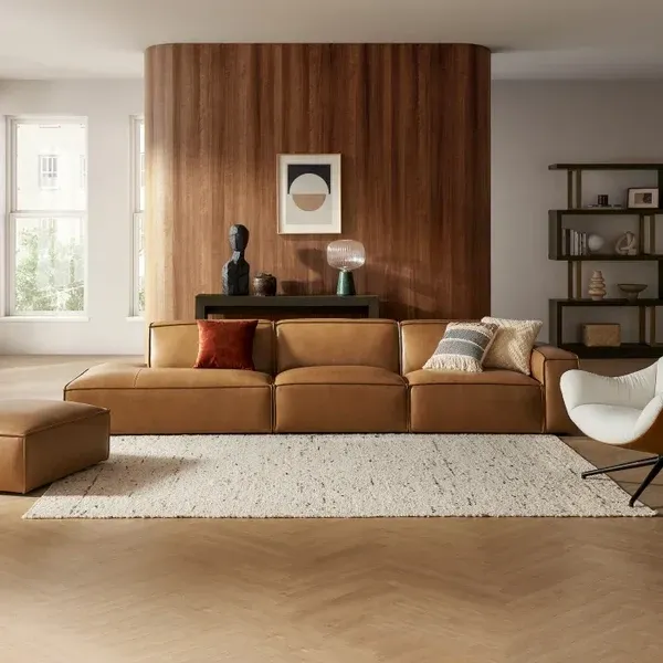 Show details for Luxury Brown Leather Sofa: 341cm Wide, Top Grain Caramel Leather, Sleek Minimalist Lines, Classic Design with Modern Comfort for Spacious Living Luxury Brown Leather Sofa: 341cm Wide, Top Grain Caramel Leather, Sleek Minimalist Lines