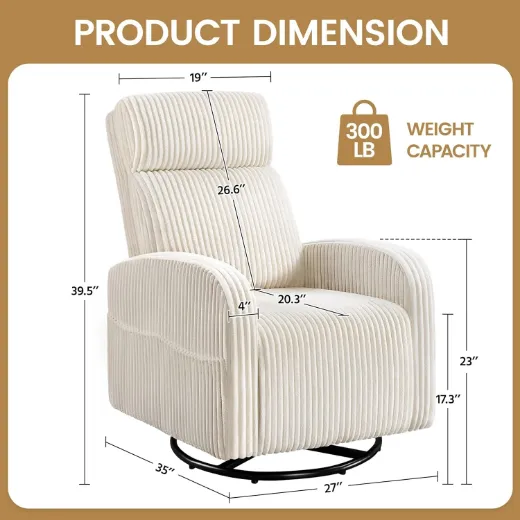 Picture of Modern Beige Corduroy Swivel Rocking Nursery Chair: High Back, Side Pockets, Engineered Wood Frame, 360-Degree Swivel for Living Room & Bedroom Comfort - A&ORE17