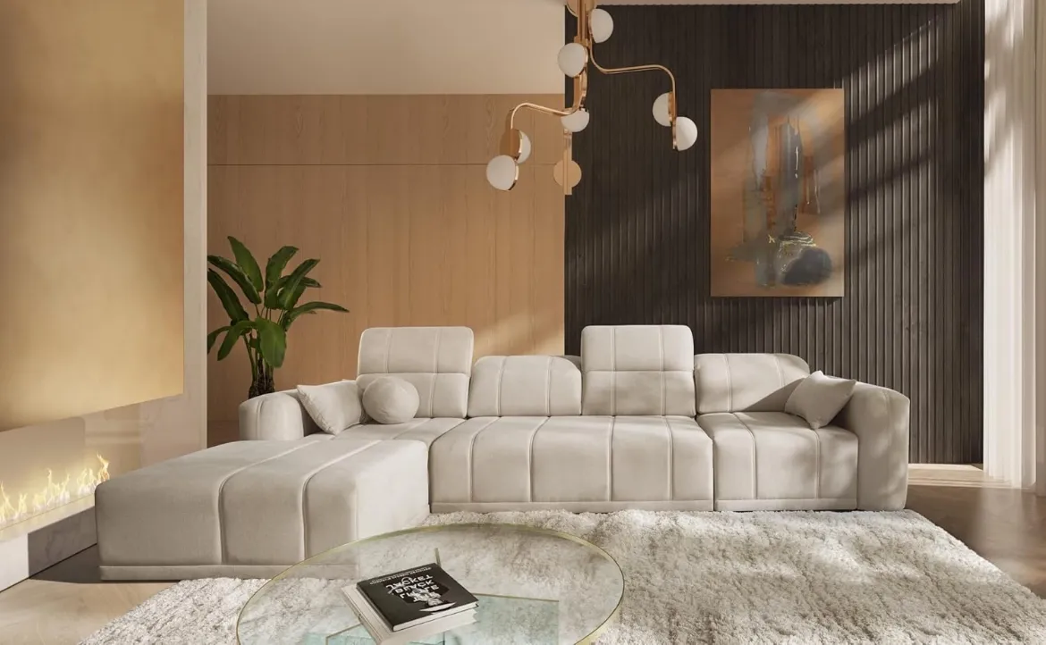 Picture of Corner Sofa: Beige Chenille, Sleep Function, Storage - A&OLS32