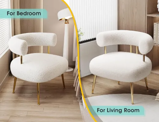 Picture of Mid-Century Modern Accent Chair: Round Upholstered, Cream White Sherpa Boucle, Space-Saving Comfort
