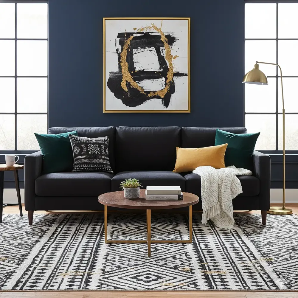 A modern living room features a sleek black sofa accented with dark green, mustard yellow, and a black and white tribal-patterned throw pillow. A cream knitted throw blanket is draped over one arm. In front of the sofa, a round wooden coffee table with a gold base holds books and a small plant. The floor is covered by a striking black and white tribal patterned area rug with subtle gold accents. The walls are a deep navy blue, with a prominent framed abstract painting in black and gold above the sofa. Large black-framed windows flank the sofa, and a gold-finished arc floor lamp stands to the right.