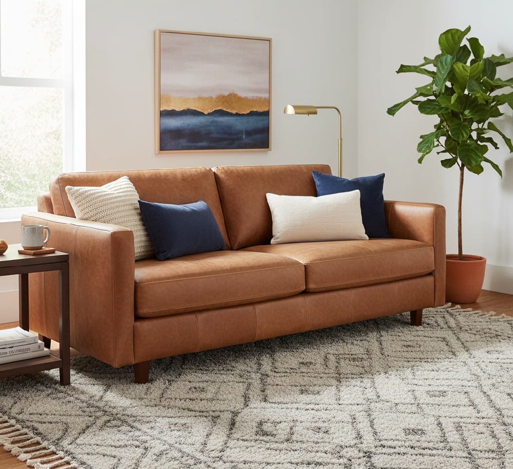 A warm brown leather sofa in a modern living room, expertly paired with a light, subtly patterned grey and off-white area rug, demonstrating effective color coordination.