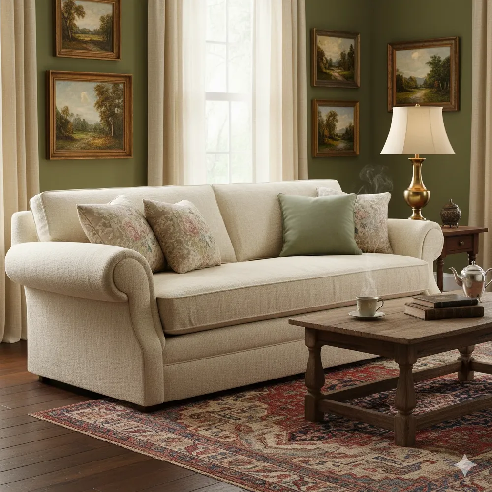 A traditional three-seater English Roll Arm sofa upholstered in a cream-colored fabric, featuring low, scrolled arms and plush cushions. It sits on a dark wooden floor over a richly patterned red and blue oriental rug. The sofa is adorned with a sage green pillow and two floral patterned throw pillows. In front of the sofa, a rustic wooden coffee table holds a steaming cup, a stack of books, and a silver teapot. The walls are painted a warm olive green and are decorated with multiple framed landscape paintings. A large window with sheer cream curtains is visible in the background, allowing soft light into the room. A brass lamp with a cream shade rests on a dark wooden side table to the right.