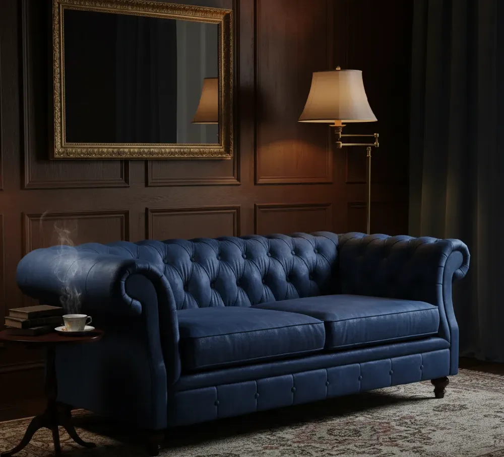 A luxurious navy blue leather Chesterfield sofa with deep button tufting and rolled arms, placed on a richly patterned rug in a dimly lit, traditionally styled room. The walls are paneled with dark wood, and a large, ornate gold-framed mirror hangs above the sofa. To the right, a brass floor lamp with a cream-colored shade casts a warm glow. On the left, a small round wooden side table holds a steaming cup of coffee and a stack of books. Dark drapes are visible in the background, adding to the elegant and cozy atmosphere.