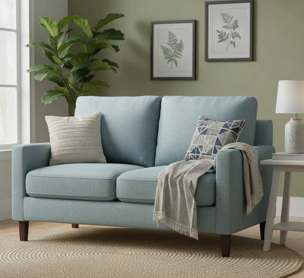 A light blue upholstered two-seater loveseat with wooden legs, positioned on a round woven rug in a cozy living space. A textured cream-colored throw pillow rests on the left side, and a gray patterned geometric pillow with a matching throw blanket is on the right. Behind the loveseat, there's a large potted fiddle leaf fig plant near a window, and the sage green wall features two framed botanical prints of ferns. A small white side table with a decorative lamp is visible to the right.