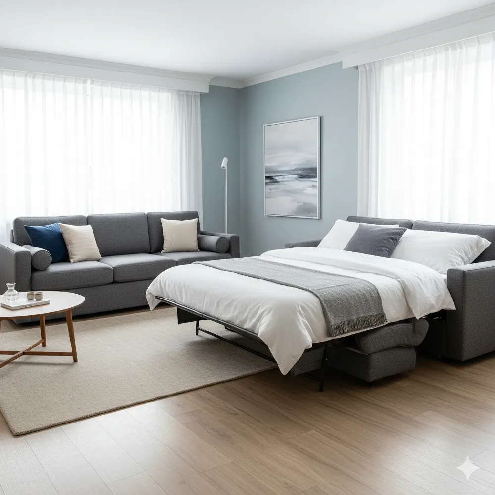 A contemporary living room scene featuring a gray sleeper sofa in its bed configuration on the right, fully made with white bedding and a gray throw blanket and pillows. To the left, a matching gray sofa in its seating configuration is visible, adorned with blue and cream throw pillows. Both pieces are on a light beige rug over a wooden floor. A small, round white and wood coffee table sits in front of the sofa on the left, holding a carafe and glass. The walls are a soft blue, with a minimalist abstract painting hanging above where the sleeper sofa's back would typically be. Large windows with sheer white curtains let in ample natural light, and a slim white floor lamp stands in the background.
