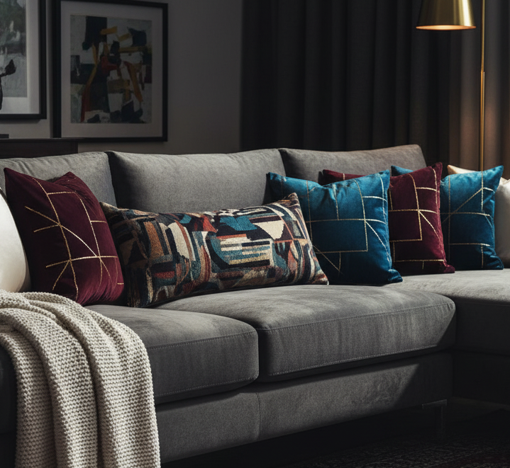 Dark gray sofa on a luxurious rug, featuring jewel-toned velvet cushions in burgundy and teal, and a bold patterned cushion.