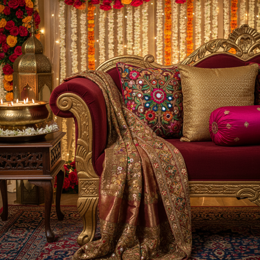 A close-up view of an antique sofa showing intricate cushion fabrics, a decorative knit throw, and a traditional brass lantern with candles, highlighting the essential decorative elements.