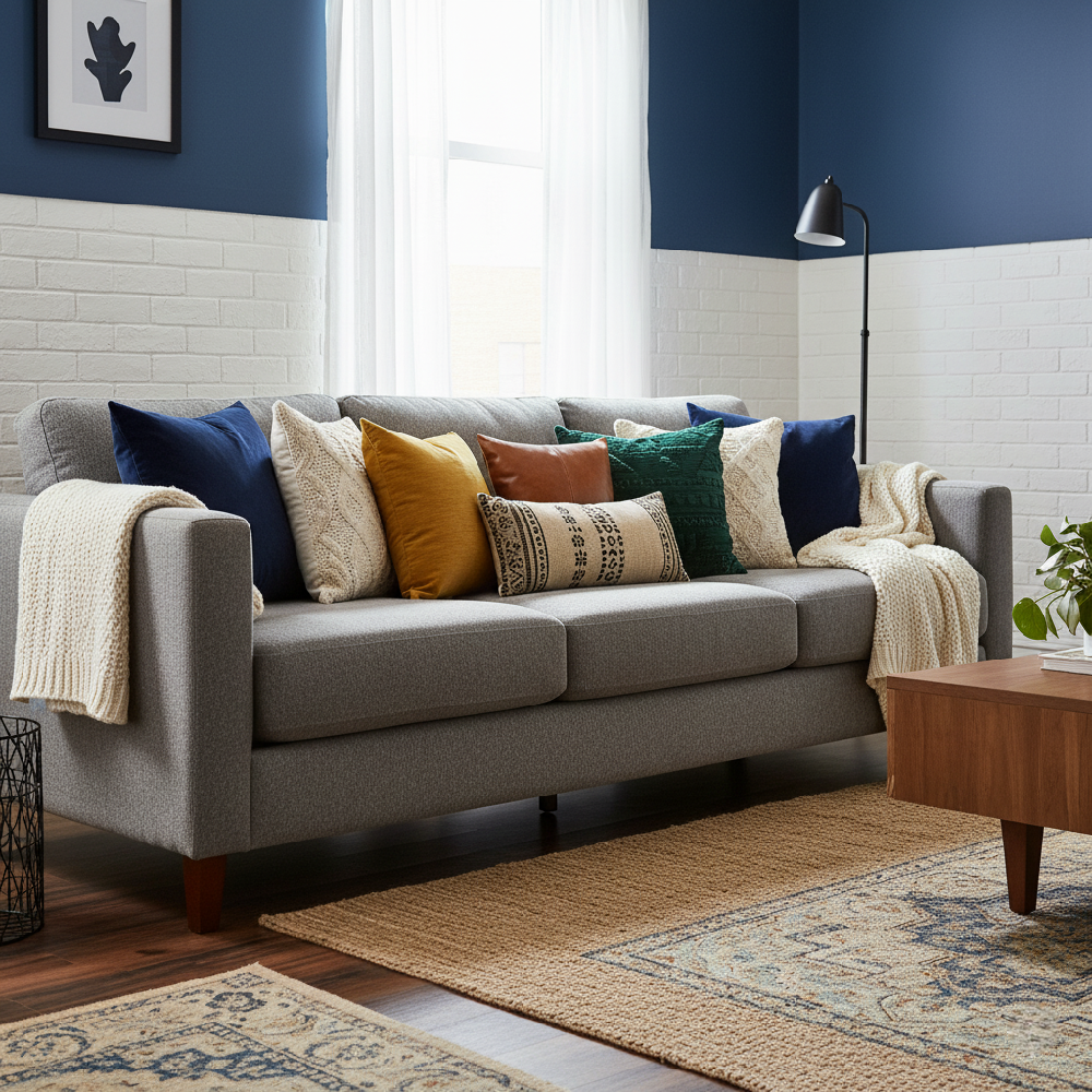 A grey sofa styled with a diverse, colourful cushion arrangement including navy, mustard yellow, and brown leather textures.