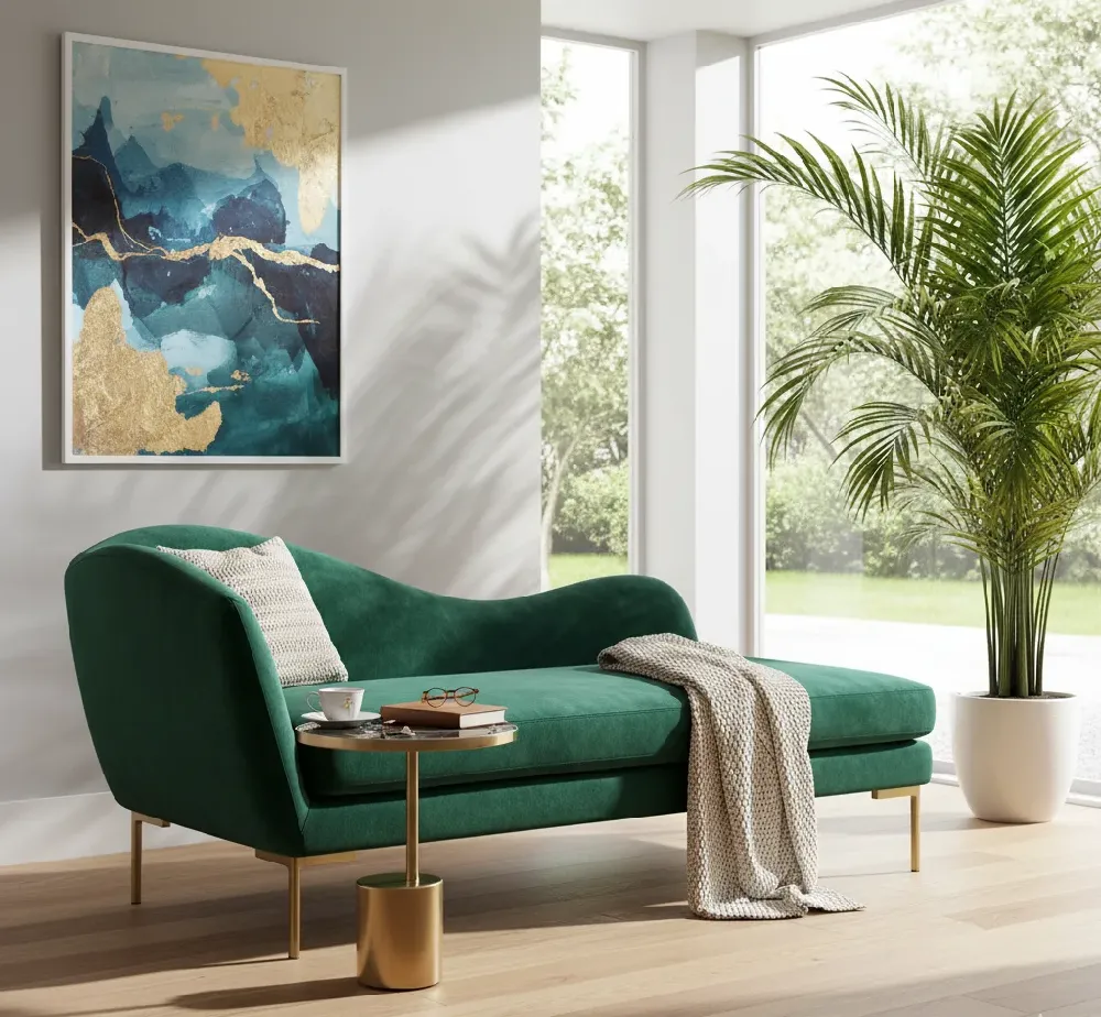 A luxurious emerald green velvet chaise lounge with slender gold legs, positioned on a light wooden floor in a bright, modern room. A cream-colored throw pillow with a subtle pattern and a light beige knitted throw blanket are draped over it. A small, round gold side table sits next to the chaise, holding a cup of coffee, a book, and a pair of reading glasses. On the light gray wall above, a large framed abstract painting in shades of blue, teal, and gold is displayed. A large window with a view of a lush green outdoor area fills the right side of the image, alongside a tall potted palm plant in a white planter.