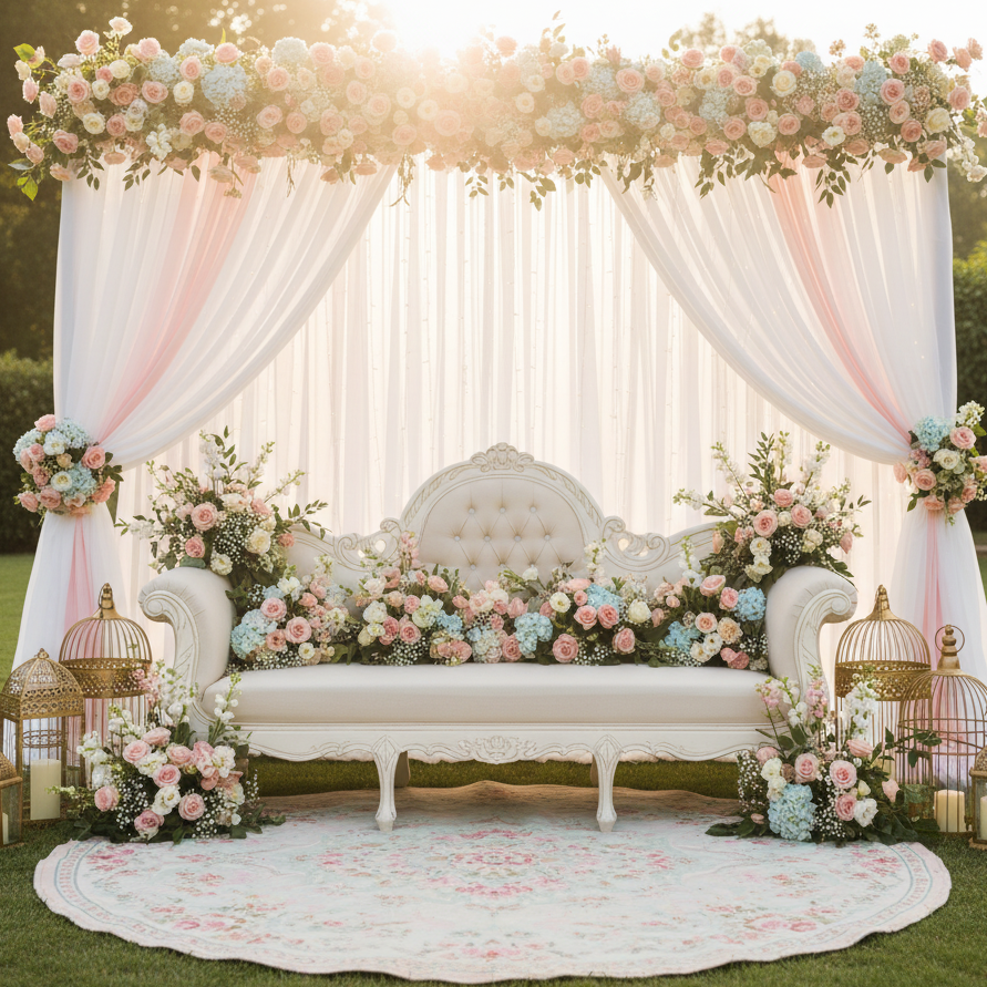 A cream tufted wedding sofa set on a circular wooden platform outdoors, framed by a semi-circular floral arch of white and pale pink roses, lit by subtle string lights and flanked by large brass lanterns.