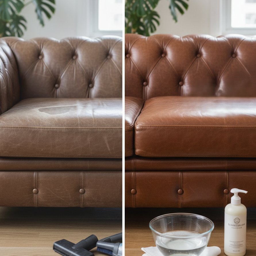 split image showing a brown leather couch. The left side shows the couch with visible dirt and a water stain, with vacuum attachments in the foreground. The right side shows the same couch looking clean and conditioned, with a bowl of water, a cleaning bottle, and baking soda as cleaning supplies on the floor.