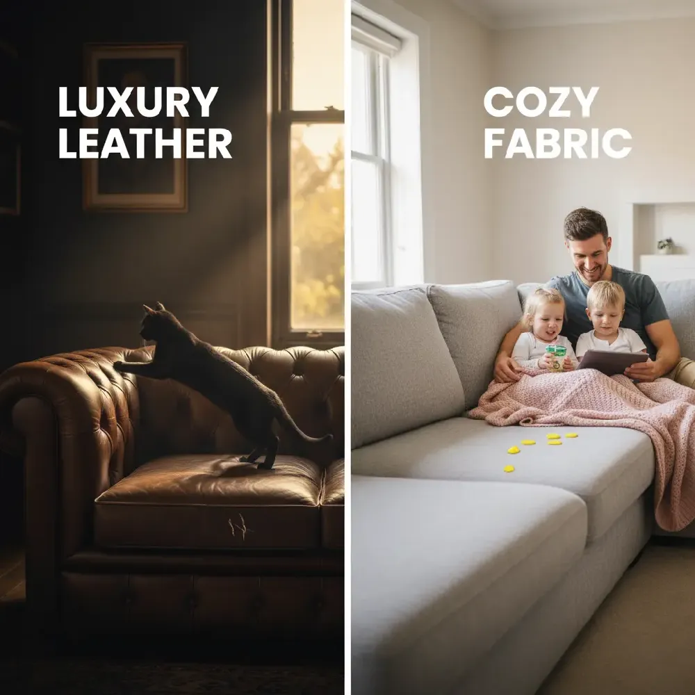 Side-by-side comparison of a luxurious leather sofa with a cat on it (representing potential damage) and a comfortable, family-friendly fabric sofa with a father and children, highlighting the key differences when comparing leather sofas vs fabric sofas.