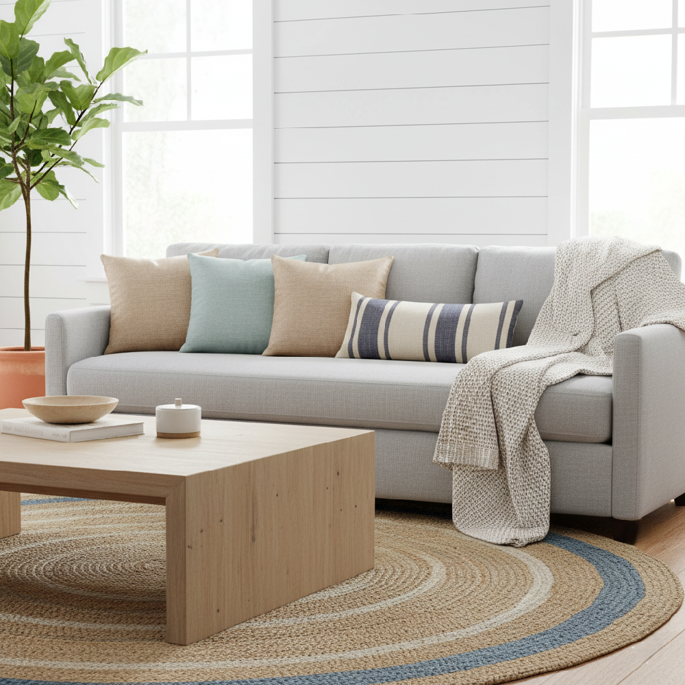 Light gray sofa accessorized with coastal and earthy cushions in pale blue, sandy beige, and navy stripes for an airy look.