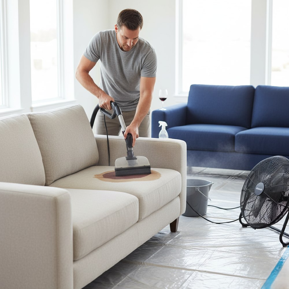 A man efficiently vacuuming a light-colored sofa using an upholstery attachment to remove debris before deep cleaning the couch at home.
