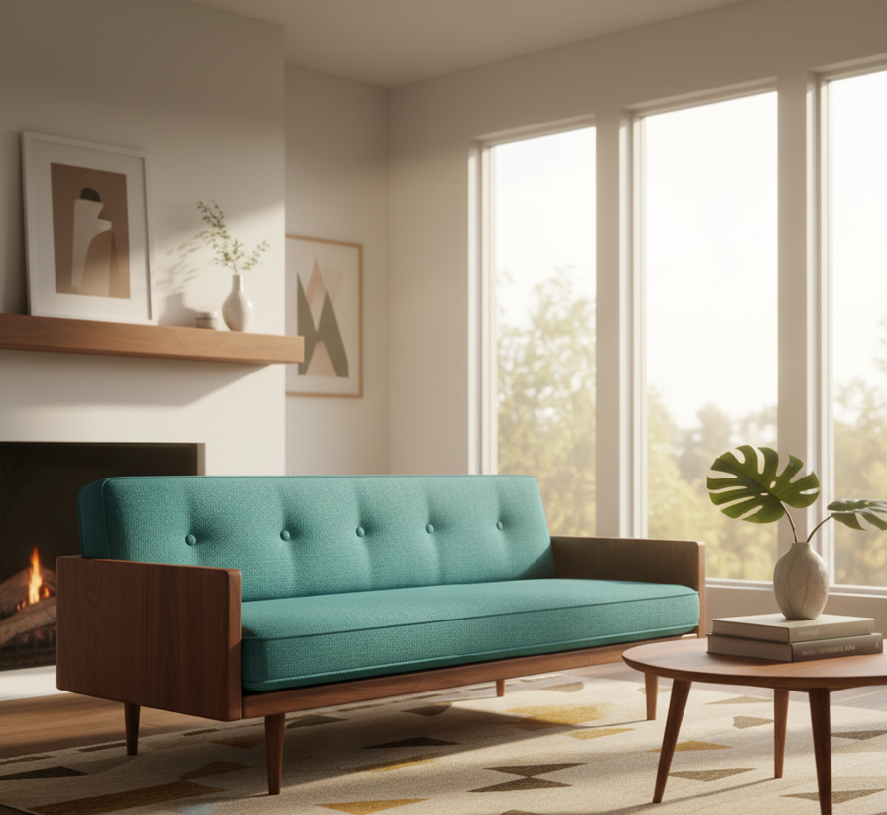 Teal blue upholstered Mid-Century Modern sofa with clean, low-profile wooden arms and tapered legs, representing the 20th-century shift to sinuous springs and minimalist design.