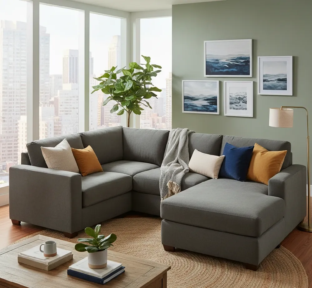 A large, modern gray L-shaped sectional sofa with a chaise lounge on the right, positioned in a bright living room. The sofa is adorned with several throw pillows in shades of cream, mustard yellow, and navy blue, and a cream-colored woven throw blanket is draped over the back. In the foreground, there's a rustic wooden coffee table with a mug and a potted plant. A large window behind the sofa offers a view of a city skyline, and the walls are painted a muted green with several framed landscape art pieces. A tall, brass-colored floor lamp stands to the right of the sofa.