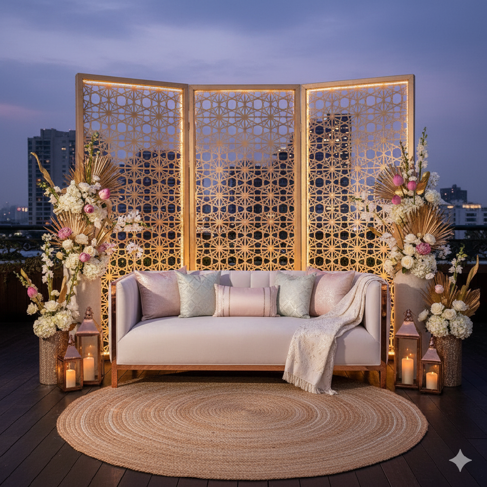 A contemporary white sofa with metallic accents and geometric cushions, placed under a structural arch with elegant white floral arrangements and hanging string lights, representing a chic, modern aesthetic.