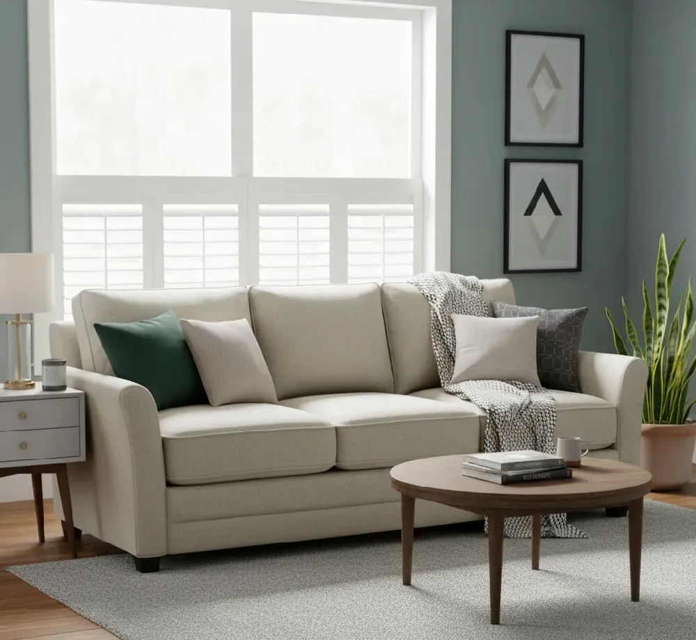 A comfortable, three-seater Lawson style sofa upholstered in a light beige fabric, positioned on a light gray rug in a bright living room. The sofa features loose back cushions and low rolled arms. It is decorated with throw pillows in dark green, light beige, and a charcoal geometric pattern, along with a textured gray throw blanket. Behind the sofa, large white-framed windows with plantation shutters allow natural light to stream in. The walls are painted a muted teal, displaying two framed geometric art prints. In the foreground, a round wooden coffee table holds books and a mug. To the left, a light gray side table with a lamp and candle is visible, and a potted snake plant sits on the right.
