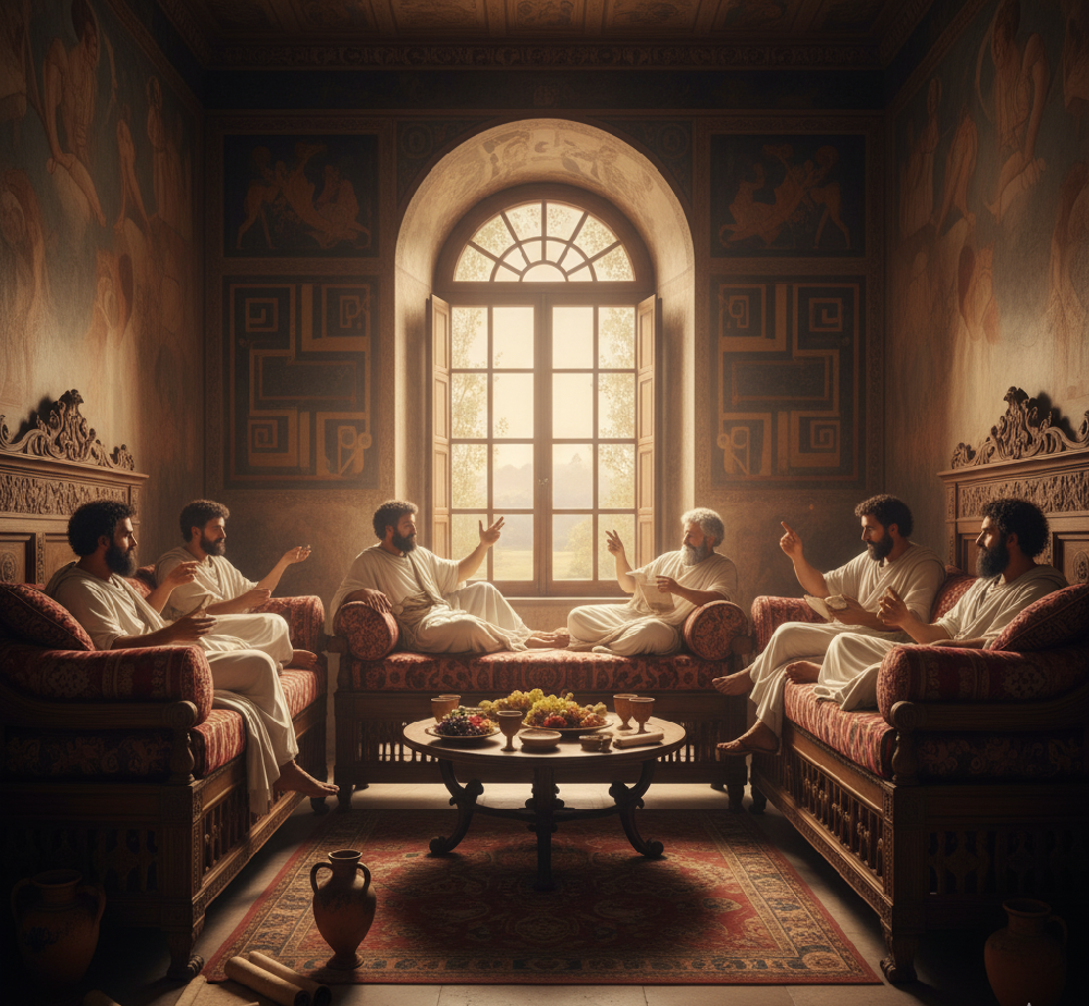 Roman elite reclining on ornate Lectus couches during a symposium, demonstrating the use of cushioned seating for social, dining, and intellectual leisure in the Classical era.