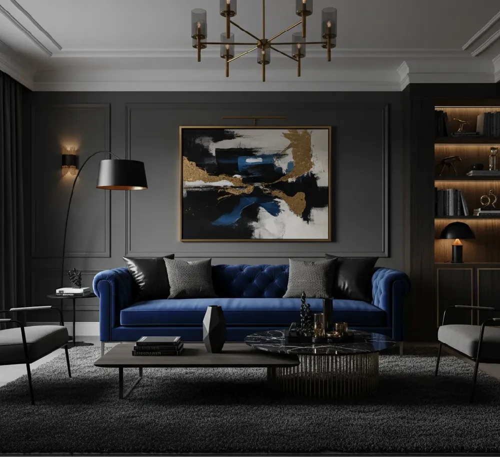 A luxurious royal blue tufted sofa commands a modern living room featuring dark charcoal grey paneled walls. The space is accented with black leather and textured grey pillows, a sleek dark wood and marble coffee table, and striking black lighting fixtures, all contributing to a sophisticated and dramatic contemporary design.