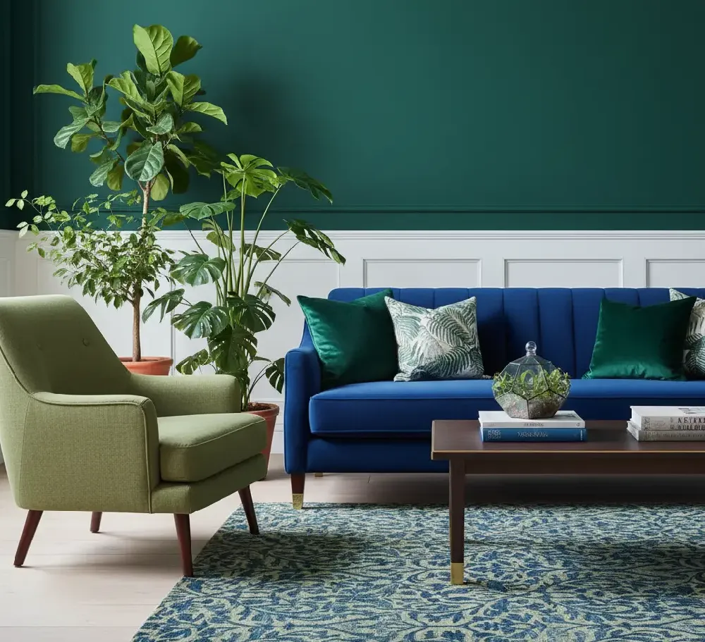 A luxurious royal blue velvet sofa paired with an emerald green accent wall and deep green throw pillows. A light sage green armchair and potted greenery surround the sofa, harmonizing the jewel tones to create a rich, nature-inspired, and opulent interior design.