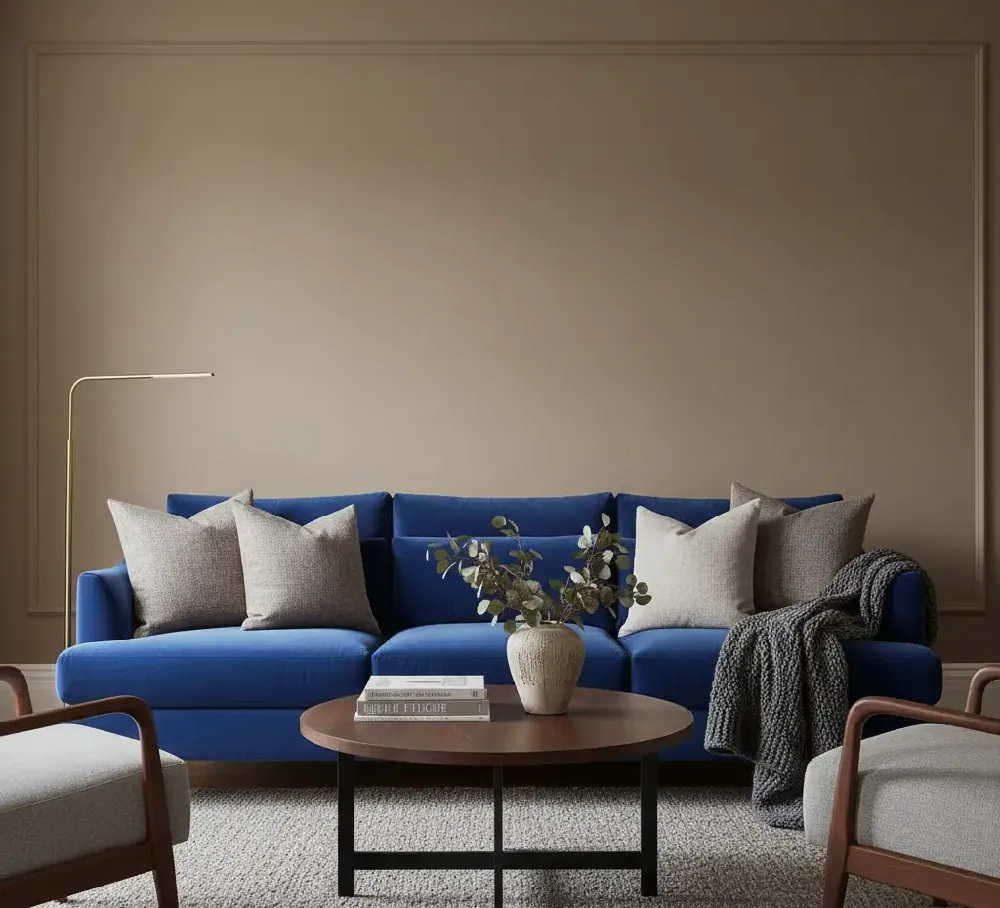 A modern royal blue sofa against a warm taupe wall with architectural molding. The sofa is styled with various shades of grey pillows and a dark grey throw blanket, contrasted by a round dark wood coffee table and sleek wooden armchairs, achieving a cozy, sophisticated aesthetic.