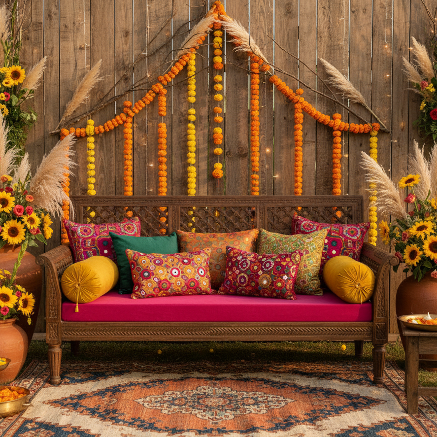 A close-up view of a vintage cream-colored sofa draped with a cozy knit throw and gold/patterned cushions, set on a detailed antique rug. The scene is warmly lit by a large brass lantern and surrounding pillar candles.