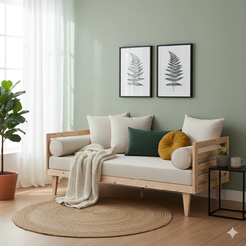 A stylish wooden daybed with light-colored cushions and bolster pillows, resting on a round jute rug over a wooden floor. The daybed is adorned with several throw pillows in cream, deep green, and a mustard yellow round cushion, and a cream-colored knitted throw blanket is draped over it. To the left, a potted fiddle leaf fig plant in a terracotta pot sits near a window with sheer white curtains. The walls are painted a soft sage green, and two framed black and white botanical prints of ferns hang above the daybed. A minimalist black side table with a small potted succulent and a mug is to the right of the daybed.
