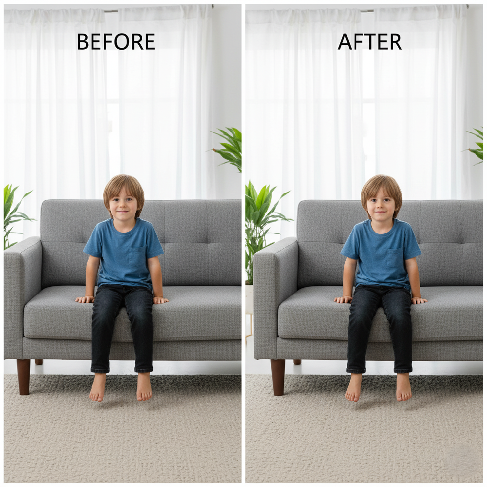 Side-by-side comparison (Before & After) showing a young boy sitting on a low sofa and the same boy sitting on a clearly higher sofa, illustrating improved comfort and height.