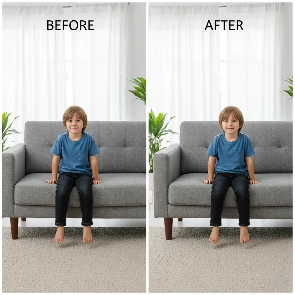Side-by-side comparison (Before & After) showing a young boy sitting on a low sofa and the same boy sitting on a clearly higher sofa, illustrating improved comfort and height.