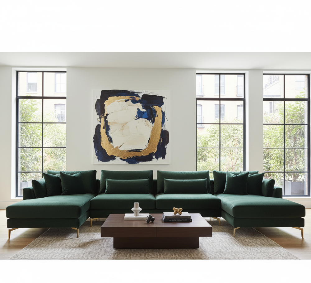 The Grand, Tailored Hub. Massive in presence yet refined in detail, this sectional is built for luxurious entertaining and defining large-scale luxury.