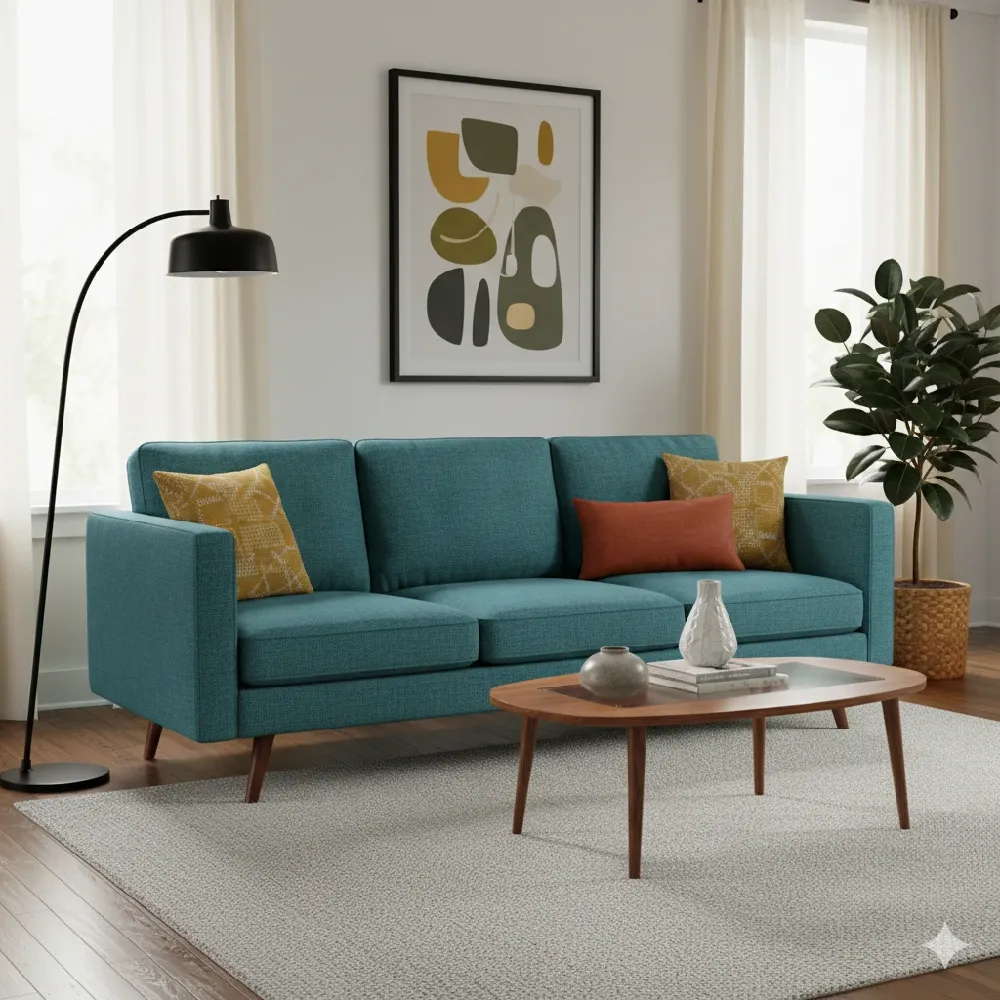 A stylish three-seater Mid-Century Modern sofa upholstered in a vibrant teal fabric, featuring clean lines, square arms, and tapered wooden legs. It is placed on a light gray rug over a warm wooden floor. The sofa is decorated with two mustard yellow geometric throw pillows and one rust-colored lumbar pillow. In front of the sofa is an oval-shaped coffee table with a wooden top, glass insert, and angled wooden legs, holding a white vase and a grey decorative bowl. The white wall behind the sofa displays a large framed abstract art piece with organic shapes in olive green, mustard yellow, and off-white. Large windows with sheer cream curtains are on either side of the art. A black arc floor lamp stands to the left, and a potted Ficus plant in a woven basket is on the right.