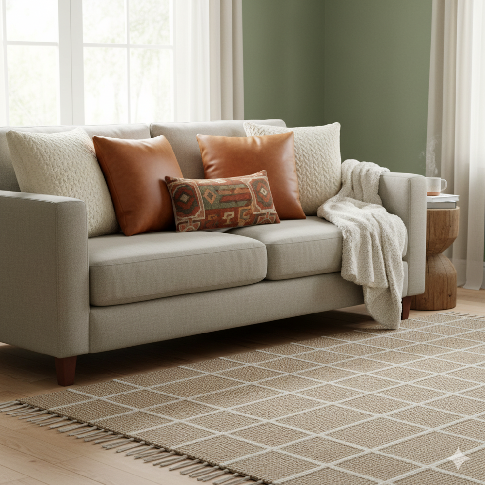 Close-up of a warm-toned gray sofa with highly textural cushions in cream boucle and burnt orange leather against a sage green wall.