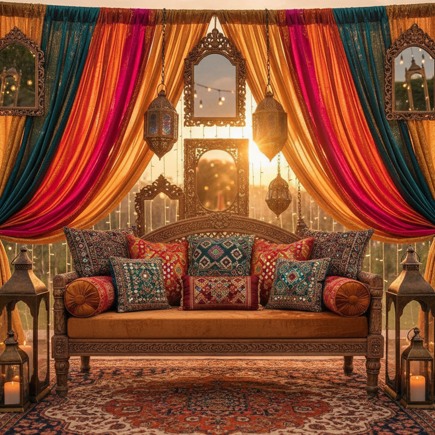 An ornate, antique-style carved sofa with elaborate woodwork, featuring floral print cushions and delicate pink and white sheer drapes, set in a lush outdoor garden.