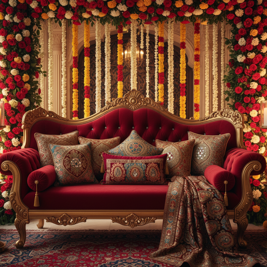 An antique-style carved sofa with deep red velvet upholstery, richly decorated with traditional yellow and red floral garlands and heavy silk drapes, emphasizing opulent Indian grandeur.