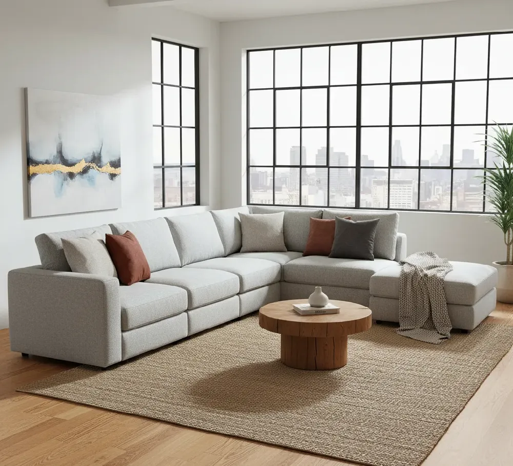 A spacious light gray modular sofa arranged in an L-shape with an attached ottoman, situated on a light brown woven rug. The sofa is adorned with throw pillows in earthy tones of cream, terracotta, and dark gray. In the center of the rug is a round, rustic wooden coffee table with a white decorative vase. The room features large windows with black frames that offer a panoramic view of a city skyline. The walls are white, and a large abstract painting with blue, gold, and white accents hangs on the left wall. A tall green plant in a white pot is visible in the corner next to the window.