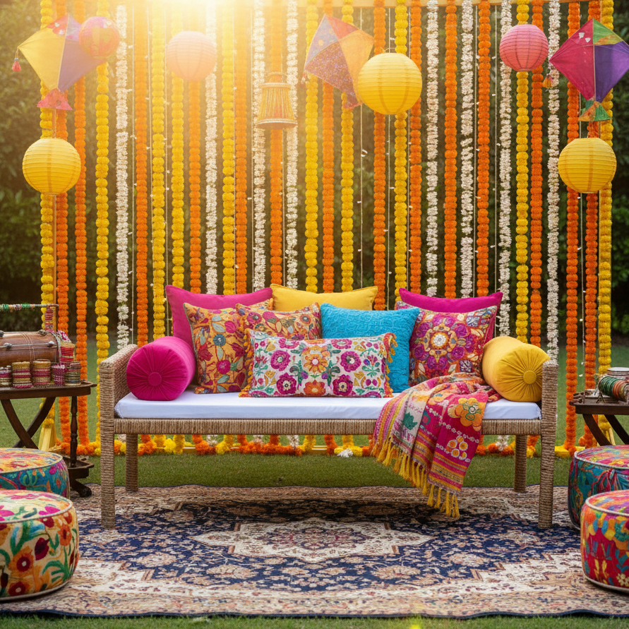A rustic wicker sofa piled with vibrant, patterned cushions in jewel tones, set on a colorful rug with a backdrop featuring pampas grass and bright marigold strings, perfect for a event.