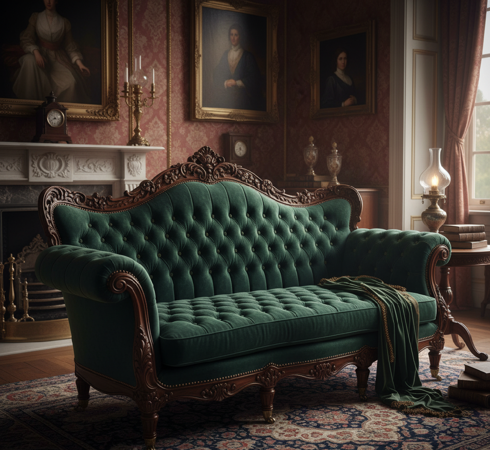 Opulent deep green velvet Victorian-era sofa (Chesterfield style) featuring high, carved wooden details, coil spring construction, and deep button tufting characteristic of 19th-century luxury.