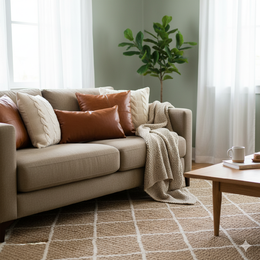 Warm-toned greige sofa with earthy and neutral cushions, including brown leather and cream knit textures, creating a cozy vibe.